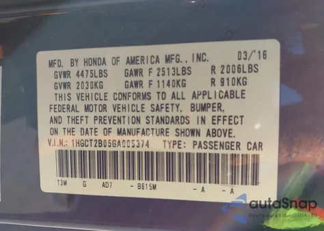 2016 Honda Accord Touring из США, поврежденный, VIN 1HGCT2B05GA005374